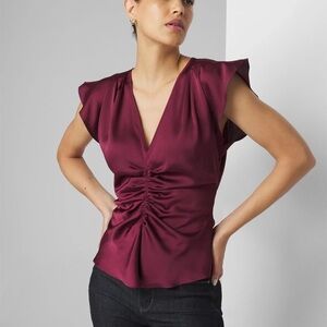 White House Black Market Red Ruched Ruffled Blouse